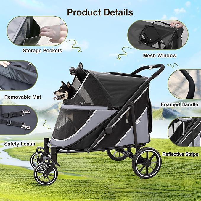 Dog Stroller for Medium/Large Dogs One-Click Folding, Extra Large Pet Stroller for 2 Dogs with Storage Pocket & Shock Absorption, Up to 130 lbs, Grey-PurrikoPets