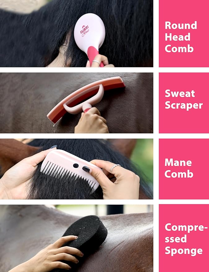 9PCS Horse Grooming Kit Curry Comb Sweat Scraper Horse Bathing Supplies Grooming Tools with Storage Bag Pink Garnet-PurrikoPets