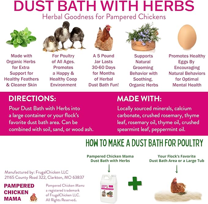 20.5 lb Pampered Chicken Mama Dust Bath with Organic Herbs & Essential Oils for Chickens, Quail, & Poultry | Dust Bath for Chickens to Keep Feathers Clean & Healthy-PurrikoPets