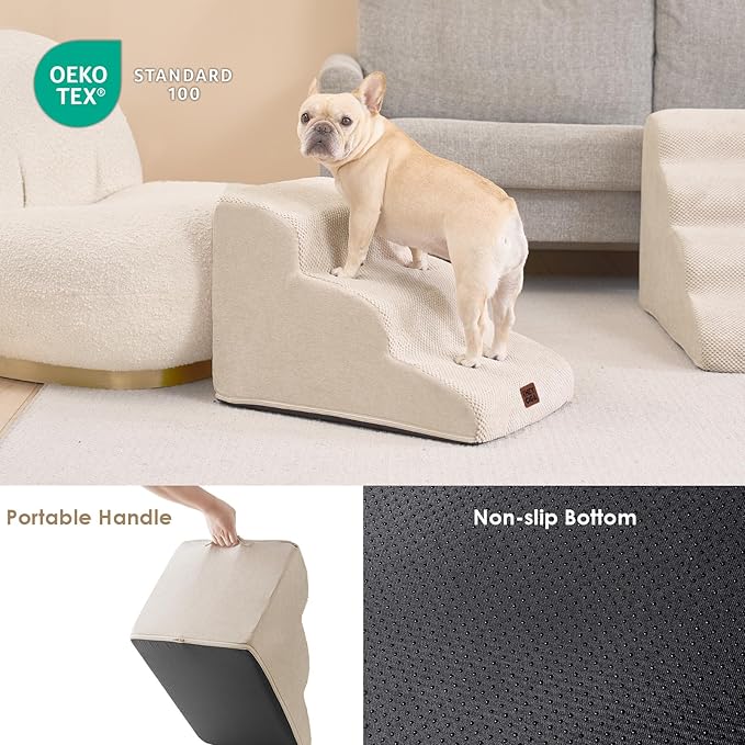 EHEYCIGA Curved Dog Stairs Ramp for Small Dogs 15.7" H, 3-Step Dog Steps for Couch Sofa and Chair, Pet Stairs for Cats, Non-Slip Balanced Pet Steps Indoor, Beige-PurrikoPets