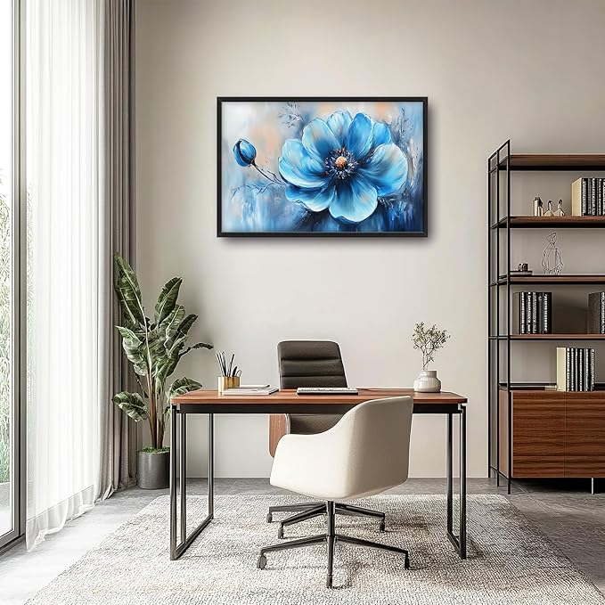 Extra Large Abstract Blue Flower Framed Wall Art for Living Room,Oversized Elegant Floral Pictures Wall Decor,Canvas Print Painting Modern Artwork Bedroom Office Bathroom 36L" x 24W"-PurrikoPets