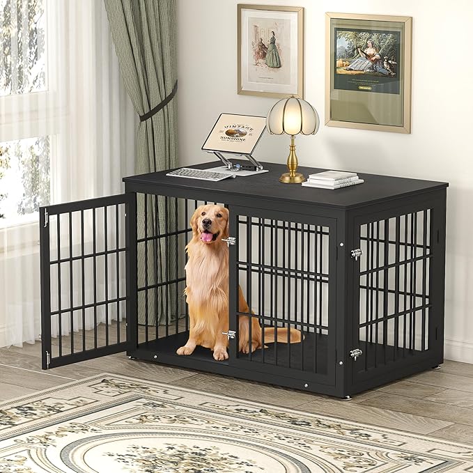 48 Inch Heavy Duty Dog Crate Furniture for Large Dogs, Decorative Pet House End Table, Extra Large Wooden Cage Kennel Furniture Indoor, Black-PurrikoPets