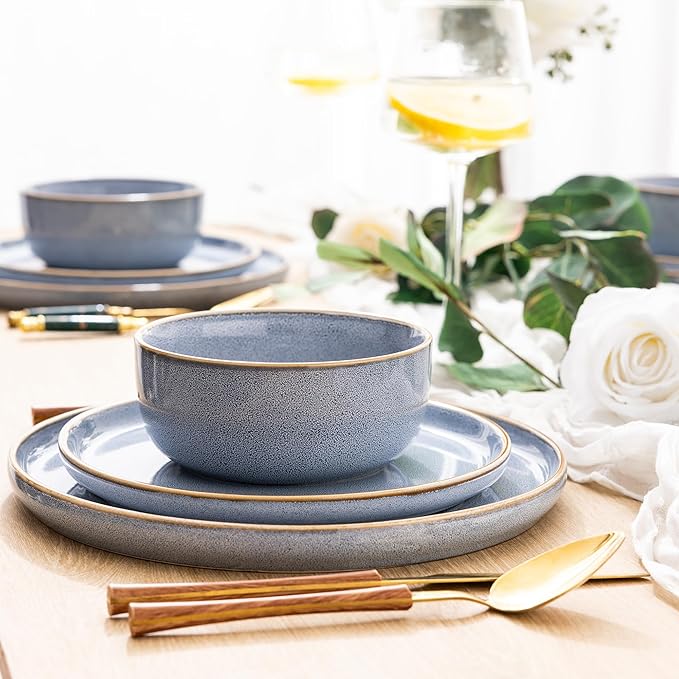 GBHOME Ceramic Dinnerware Sets for 6, 18 Pieces Stoneware Plates and Bowls Sets, Scratch Resistant Dish Sets for Dinner, Dishwasher & Microwave Safe, Brunnera Blue-PurrikoPets