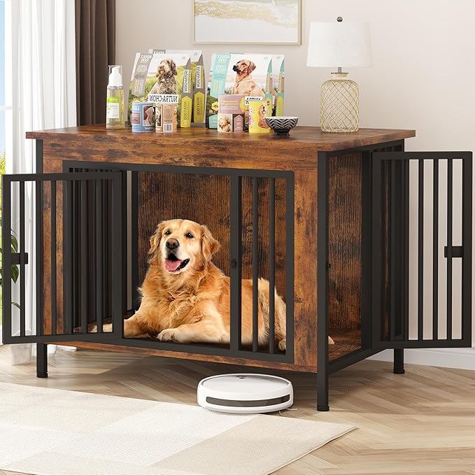 EasyCom 39.96" XL Wooden Large Dog Crate Furniture for Medium and Large Breed, Chew-Resistant Dog Kennel Furniture Indoor with 2 Doors and 3.94" Raised Feet, as TV Stand, End Table, Crate Table-PurrikoPets