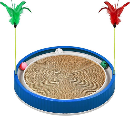20-Inch Round Cat Scratcher with Ball Track – 3-in-1 Cardboard Scratching Pad with Feather Toy & Non-Slip Base – Interactive Cat Toy for Indoor Cats, Kittens & Large Cats (Blue)-PurrikoPets