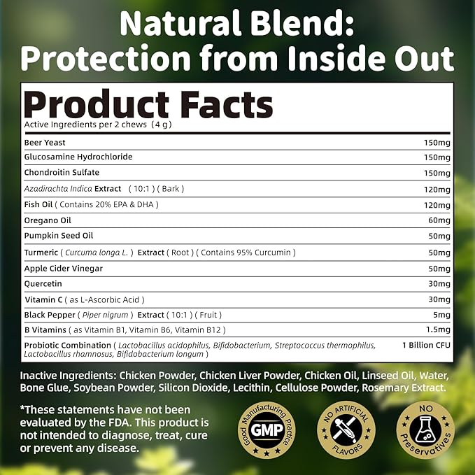 Dog Flea and Tick Support Chewable, Natural Dog Flea Comfort Supplement, Oral Chews with Neem, Oregano Oil, Pumpkin Seed Oil & Brewer's Yeast – 135 Soft Chews, Chicken Flavor – for All Breeds & Sizes-PurrikoPets