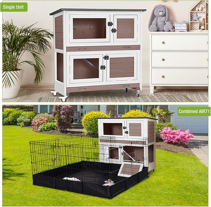 2-Story Rabbit Hutch Indoor Bunny Cage Wooden Guinea Pig House with Chew-Proof Ramp, Leakproof Slide-Out Trays, Lockable Caster Wheels for 1-3 Rabbits (Brown)-PurrikoPets