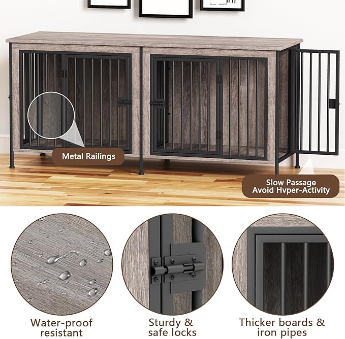 EasyCom 78 Inch Dog Cage Furniture for 2 Pets with Divider, XXL Wooden Double Dog Crate Furniture TV Stand for Mideum and Large Breed, Durable and Sturdy-PurrikoPets