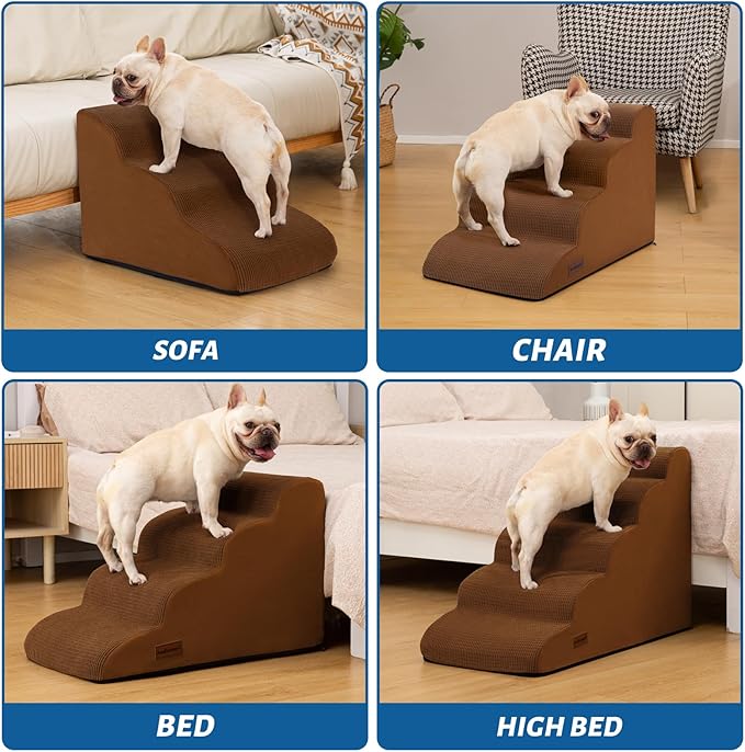 4-Step Dog Stairs and Ramp for Beds or Couches – Non-Slip Sturdy Pet Steps for Small Dogs and Cats,17.4" H,Brown-PurrikoPets