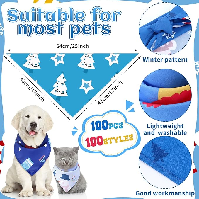 100 Pcs Winter Dog Bandanas Bulk Pet Bibs Blue Triangle Scarf Snowflake Pet Bandanas for Medium Large Dogs Winter Snowflake Christmas Party Holiday Festival Costume Decor-PurrikoPets