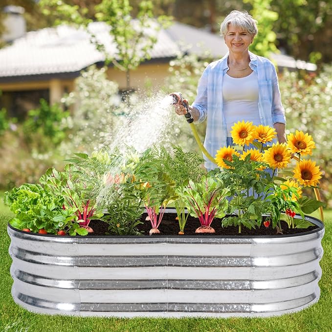 Galvanized Raised Garden Bed - 4×2×1ft (2 Packs) Planter Raised Beds for Gardening | Oval Metal Garden Planter Box with Safety Edging and Gloves for Vegetables Fruits and Flower - Silver-PurrikoPets