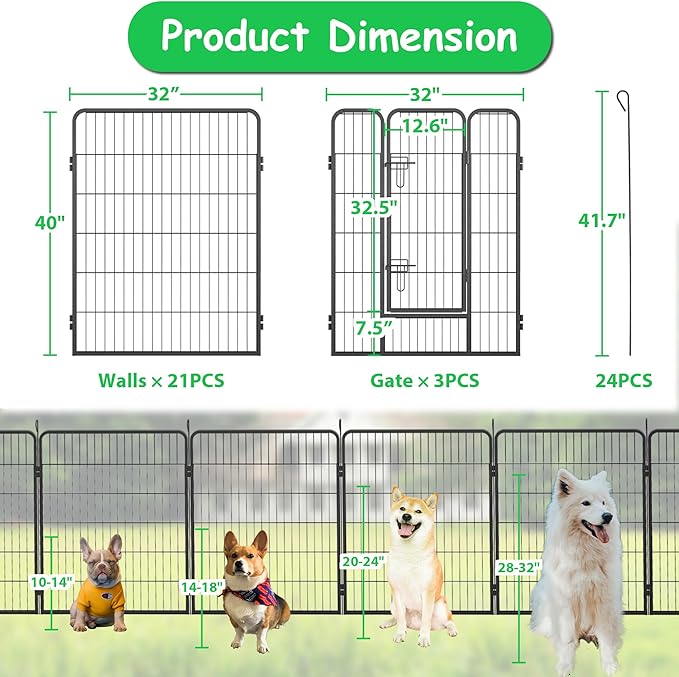 Dog Playpen, Outdoor Dog Fence, 24 Panels, 40" H Dog Pen for Medium/Small Dogs, Heavy Duty Metal Pet Fence with Gate, Portable Dog Fence for RV Camping and Yard (Black)-PurrikoPets