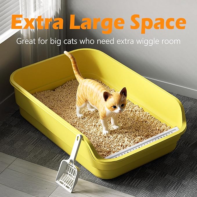 Extea Large Cat Litter Box with High Sides,Cat Boxes for Indoor Cats,Cat Litter Pan for Kitty,Litter Box with Low Entry,Easy to Clean,Anti-Splashing,23.6" x15.7" x6.2" (White)-PurrikoPets