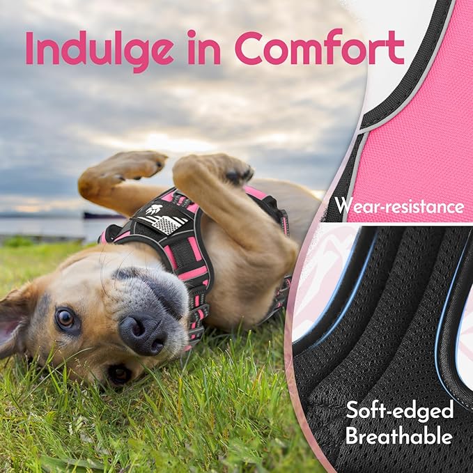 Eagloo Dog Harness Medium Sized, Easy Wearing with 3 Buckles, Adjustable No Pull Pet Harness with 2 Rings for Walking, No Chock Reflective Soft Padded Vest with Control Handle, Pink & Black, M-PurrikoPets