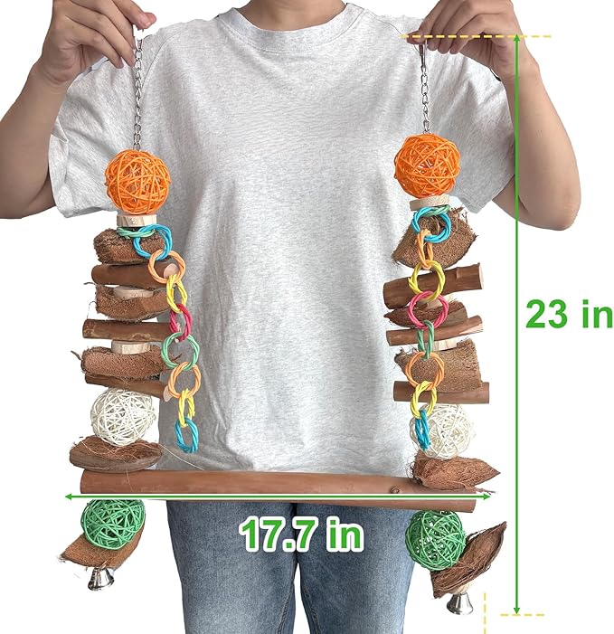 3-in-1 Parrot Toys Natural Coconut Fiber Parrot Hammock (Swing + Perch + Chew Toy) Natural Bird Perches for Medium Large Birds - 23" Bird Toys for Parrots Stand-PurrikoPets