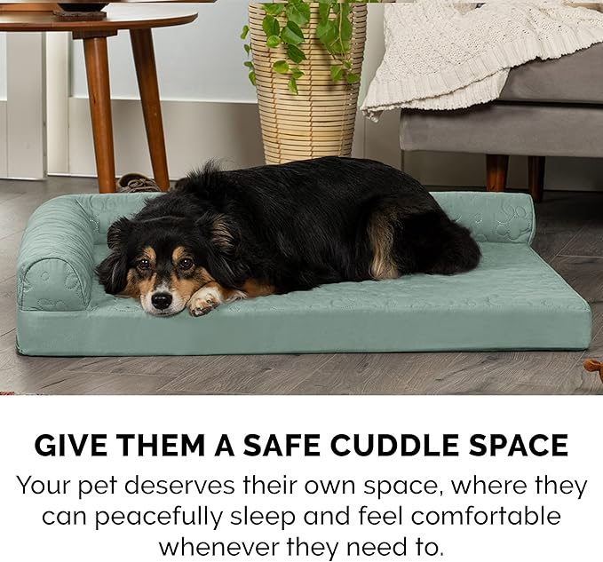 Furhaven Cooling Gel Dog Bed for Large Dogs w/ Removable Bolsters & Washable Cover, For Dogs Up to 95 lbs - Pinsonic Quilted Paw L Shaped Chaise - Iceberg Green, Jumbo/XL-PurrikoPets