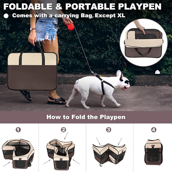 Aivituvin Dog Playpen, Foldable Pet Play Pens with Carrying Bag for Cat, Puppies, Rabbits, Portable Dog Tent Crates Cage for Travel Camping Indoor Outdoor, Removable Shade Cover, Brown M-PurrikoPets