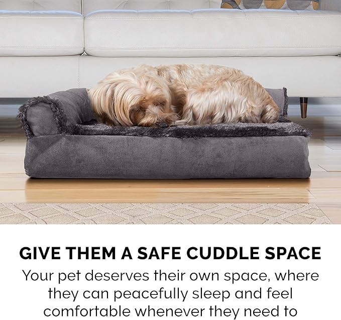 Furhaven Cooling Gel Dog Bed for Medium/Small Dogs w/ Removable Bolsters & Washable Cover, For Dogs Up to 35 lbs - Plush & Velvet L Shaped Chaise - Platinum Gray, Medium-PurrikoPets