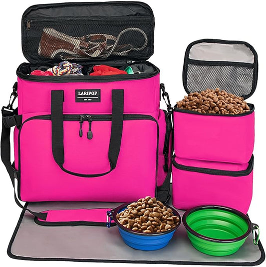 Dog Travel Bag,Weekend Pet Travel Bag Set for Dog and Cat,Airline Approved Tote Multi-Function Dog Bags for Traveling,Include 2 Collapsible Bowls,2 Food Storage Containers,1 Feeding Mat,Red-PurrikoPets