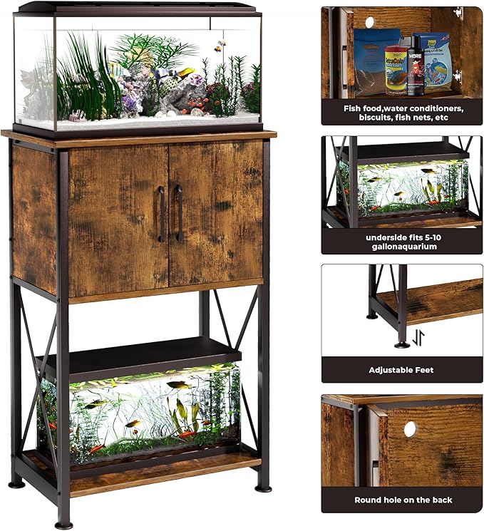 5-10 Gallon Fish Tank Stand, Metal Double Aquarium Stand with Cabinet for Fish Tank Accessories Storage, Heavy Duty 20.5" L* 11.02" W Tabletop, 500LBS Capacity Rustic Brown and Black PG06YGN-PurrikoPets