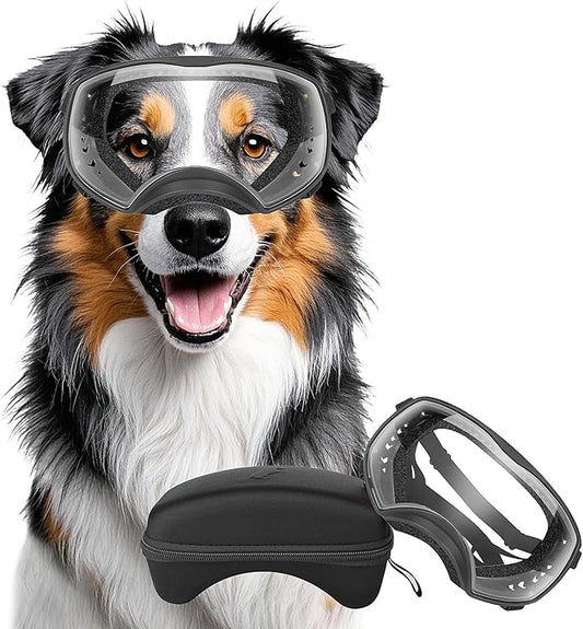 Dog Sunglasses UV Protection Clear Dog Goggles Windproof Glasses with Elastic Straps for Medium-Large Breed, Black Frame + Clear Lens-PurrikoPets