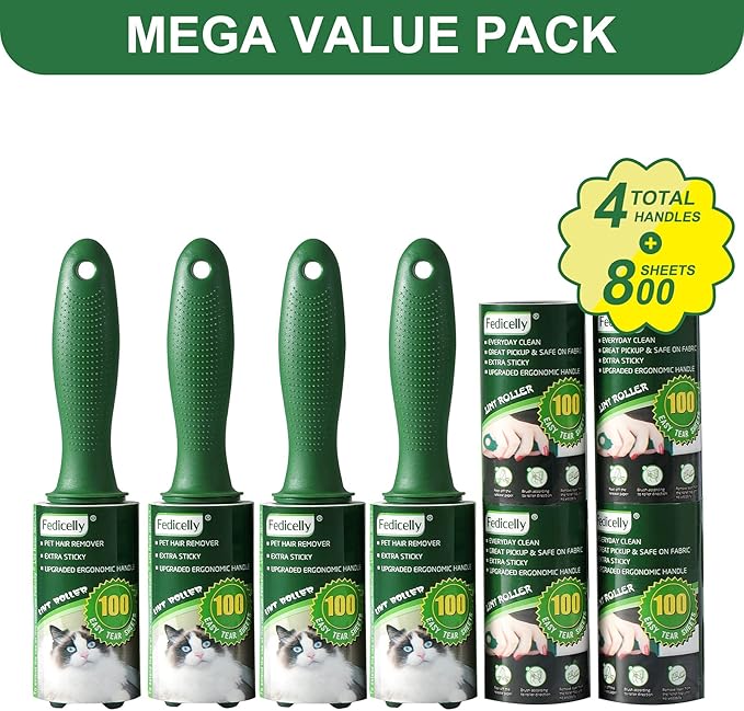 Fedicelly Lint Rollers Pet Hair Extra Sticky Clothes,Cat Dog Hair Remover Laundry Furniture Carpet,Total 800 Sheets Lint Remover Brush for Couch Green-PurrikoPets