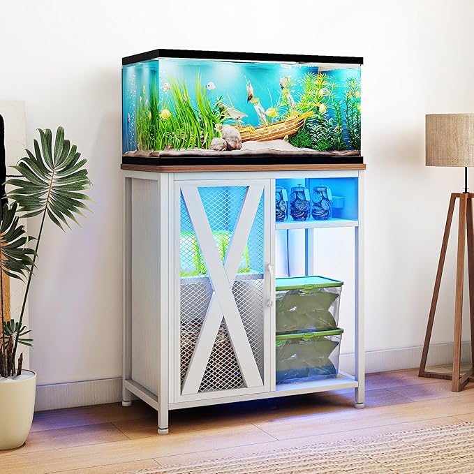 DWVO 20-29 Gallon Aquarium Stand with Power Outlets & LED Light, Cabinet for Fish Tank Accessories Storage - Metal Stand Suitable for Turtle Tank, Reptile Terrarium, 350LBS Capacity, White-PurrikoPets