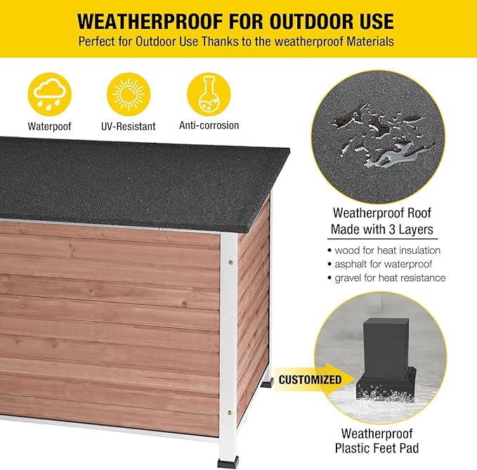 Dog House Outdoor & Indoor Wooden Dog Kennel for Winter with Raised Feet Weatherproof for Small & Medium & Large Dogs,Unique All-Around Iron Frame，Light Brown-PurrikoPets