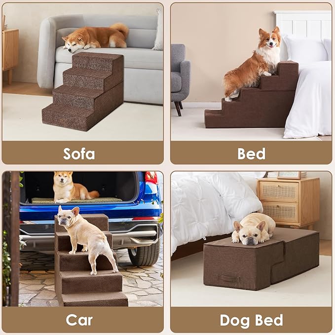 EHEYCIGA Dog Stairs for High Bed 25" H, 5-Step Extra Wide Dog Steps for Bed, Pet Steps for Small Dogs and Cats, Non-Slip Balanced Pet Ramp Indoor, Brown-PurrikoPets