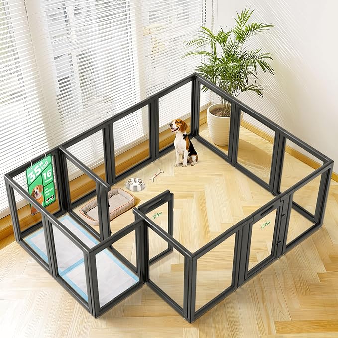 FXW AuraSpace Acrylic Indoor Unleashed Dog Playpen for Medium Dogs, 35 Inch, 16 Panels, Black-PurrikoPets