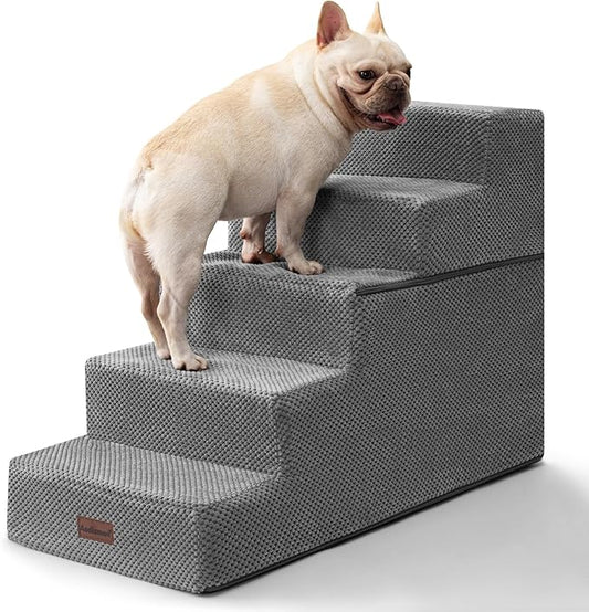 Dog Stairs for High Bed 22.6" H,5-Step Dog Steps for Small Dogs and Cats,Indoor Non-Slip Balanced Pet Stairs are Suitable for Puppy,Older Cat,Grey-PurrikoPets