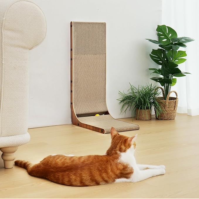 FUKUMARU Cat Scratcher, 26.8 Inch Cat Scratch Pad for Indoor Cats, L Shaped Cardboard Vertical Cats Scratching Board with Ball Toy, Walnut Color, 1 Pack-PurrikoPets