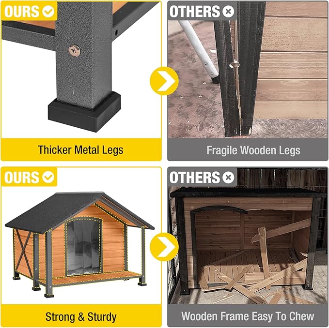 Aivituvin Dog House with Anti-Chewing Metal Frame Outdoor Large Wooden Dog Kennel Outside with Overhang Roof Large Porch Weatherproof-PurrikoPets