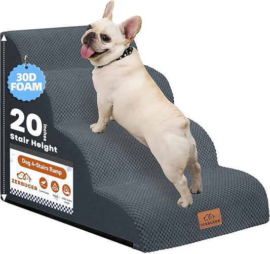 Dog Ramp and Stair for Bed 16" H-20 H,3-Step Cat Stair for Sofa and Chair,4-Step Dog Ramp for High Bed and Window,Durable Nonslip Fabric Cover for Indoor (Dark Grey-20 H, Pet Friendly, 4)-PurrikoPets