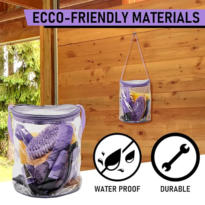 9 Pieces Horse Grooming Kit Tack Room Supplies Set with Organizer Tote Bag, Oval Massage Curry, Hard and Soft Brush, Hoof Pick, Sweat Scraper, Bathing Sponge, Combs for Horse Riders Beginners (Purple)-PurrikoPets