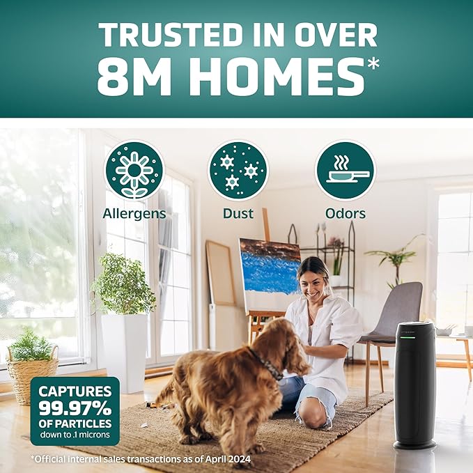 GermGuardian HEPA Air Purifier for Home, Large Rooms Up To 743 Sq. Ft. with HEPA PURE Air Filter, Air Quality Monitor & UV-C Light, AC4880B, 22" Tower, Black-PurrikoPets