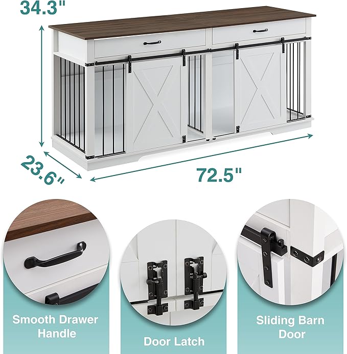 EDYO LIVING 72.5" Large Dog Crate Furniture for 2 Dogs, Wooden Dog Kennel with Drawers, Divider, Sliding Barn Door, Water Resistant Indoor Furniture Style Double Dog Crates, White-PurrikoPets