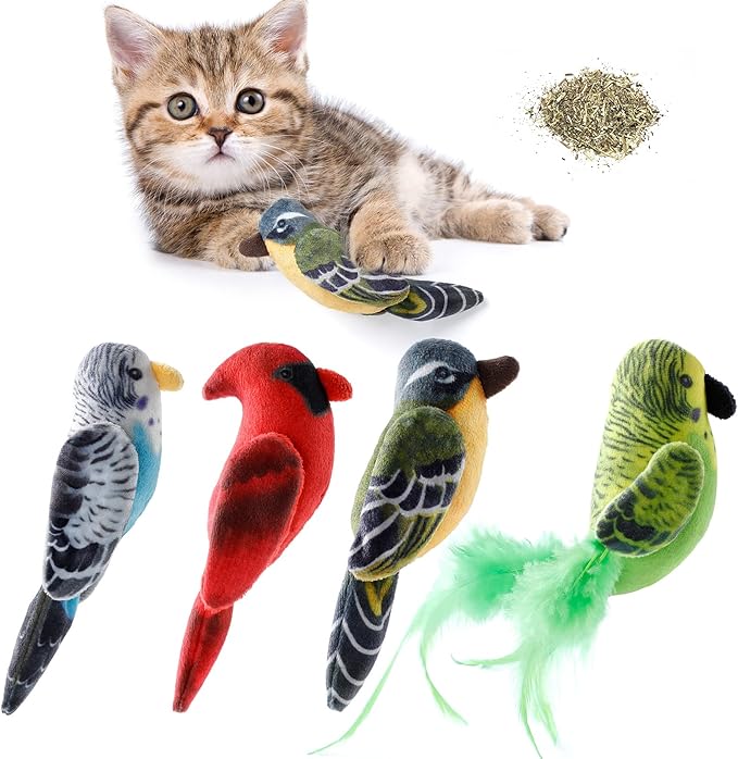 Dorakitten Cat Catnip Toys Interactive Cats 4pcs Kitten Plush Nip Chew Bird Toy with Crinkle Paper Pet Best Treats Stuffed Pillow Cute Teething Play Gifts Soft Kick Sound Supplies for Indoor Kitty-PurrikoPets