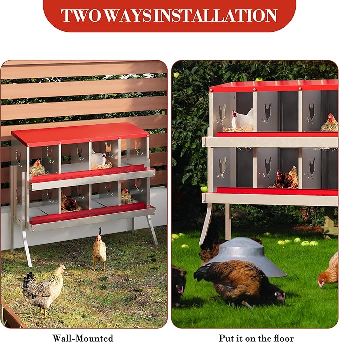 8 Hole Chicken Nesting Box with Roll Out Egg Tray, Rustproof & Ventilated Chicken Laying Boxes for Hens, Chickens, Ducks | Easy-Clean Poultry Coop Accessories, Red with Stand-PurrikoPets