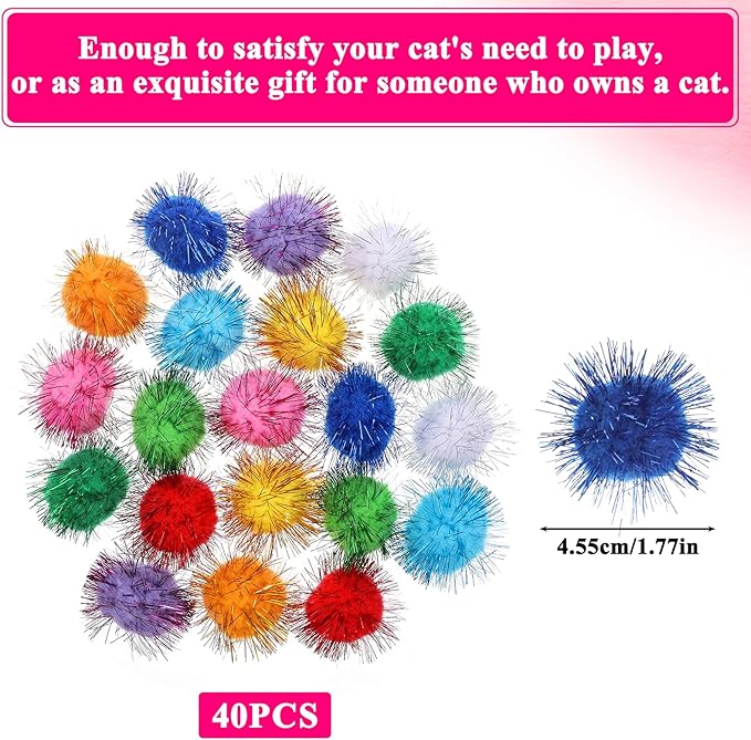 40 Pcs Pom Pom Balls for Kittens Colorful Pompom Balls for Cats Sparkle Ball for Cats Interactive Cat Toy Set for Exercise and Entertainment-PurrikoPets