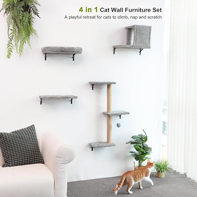 FUKUMARU Cat Wall Shelves, Stable & Safe 4 in 1 Cat Furniture Set, Wooden Climbing Wall with Scratching Post for 16 Inch Drywall - Light Gray-PurrikoPets
