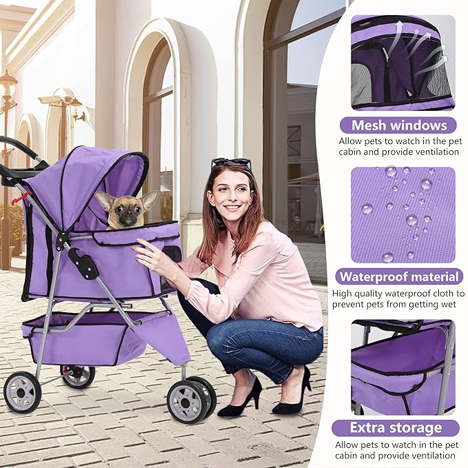 Dog Stroller,3 Wheels Travel Folding Pet Strollers for Small Medium Dog Cat Jogger Stroller with Storage Basket Removable Liner Purple-PurrikoPets