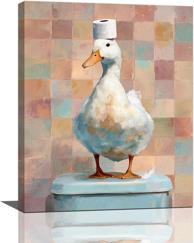 Funny Duck Bathroom Wall Art Cute Duck on Toilet Canvas Wall Decor Funny Quirky Farm Animal Pictures Painting Print Framed Artwork Decorations Gifts for Bathroom 16"x20"-PurrikoPets