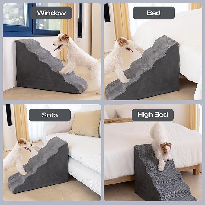 Dog Stairs for High Beds Up to 30", Extra-Tall 24.5" 5-Step Foam Pet Ramp with Washable Cover, Gentle Slope Steps, Bed & Couch Ladder for Small Medium Dogs & Senior Cat, Puppy Climbing Stairs-PurrikoPets