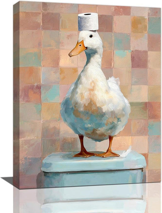 Funny Duck Bathroom Wall Art Cute Duck on Toilet Canvas Wall Decor Funny Quirky Farm Animal Pictures Painting Print Framed Artwork Decorations Gifts for Bathroom 12"x16"-PurrikoPets