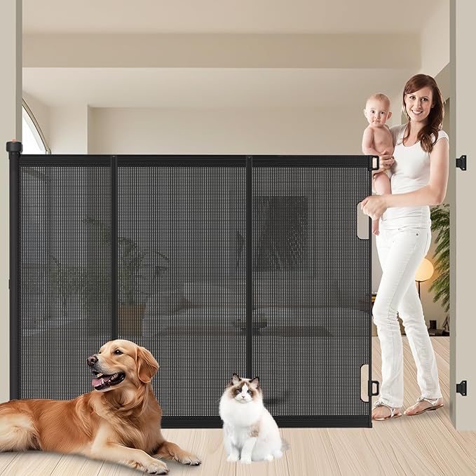 Extra Tall Retractable Baby Gates: 51" Tall Pet Gate, Extend up to 200" Wide, Mesh Baby Gate with Support Rods Jump-Proof Design for Cats & Large Dogs High Dog Cat Door Indoor Outdoor, Black-PurrikoPets