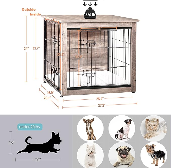 DWANTON Dog Crate Furniture with Cushion, Wooden Kennel Table with Double Doors, Indoor Dog House, Small/Medium/Large/Extra Large Size, 27.2" L, Greige-PurrikoPets