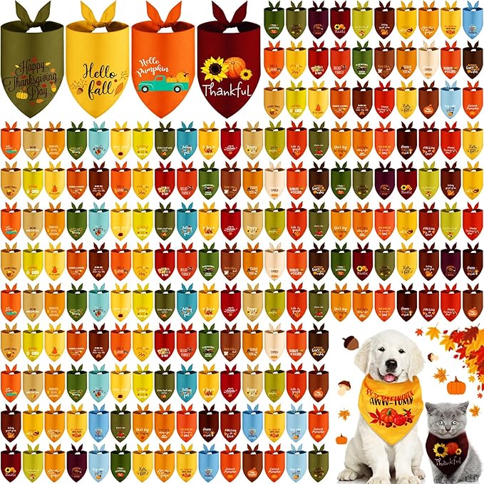 200 Pcs Fall Thanksgiving Dog Bandana Bulk with Sayings Pet Triangle Scarf Bibs Washable Puppy Kerchief Adjustable Grooming Supplies for Small Medium Large Dog Cat Costume Accessories-PurrikoPets