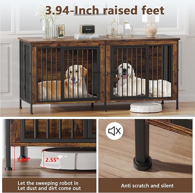 EasyCom 78 Inch Dog Crate Furniture for 2 Dogs, Extra Large Double Dog Cage Large Breed, XXL Thick Wooden Dog Crate TV Stand, Sturdy Dog Kennel with Divider-PurrikoPets