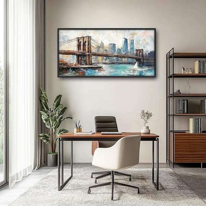 Extra Large Framed Brooklyn Bridge Wall Art,New York City Wall Decor,Abstract Skyline Cityscape Pictures for Living Room,Canvas Print Painting Modern Artwork Bedroom Office Bathroom 60L x30W-PurrikoPets